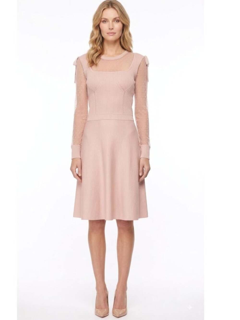 Red Valentino Spa Knit Dress with Sheer Sleeves, Blush Pink, Womens Size Large